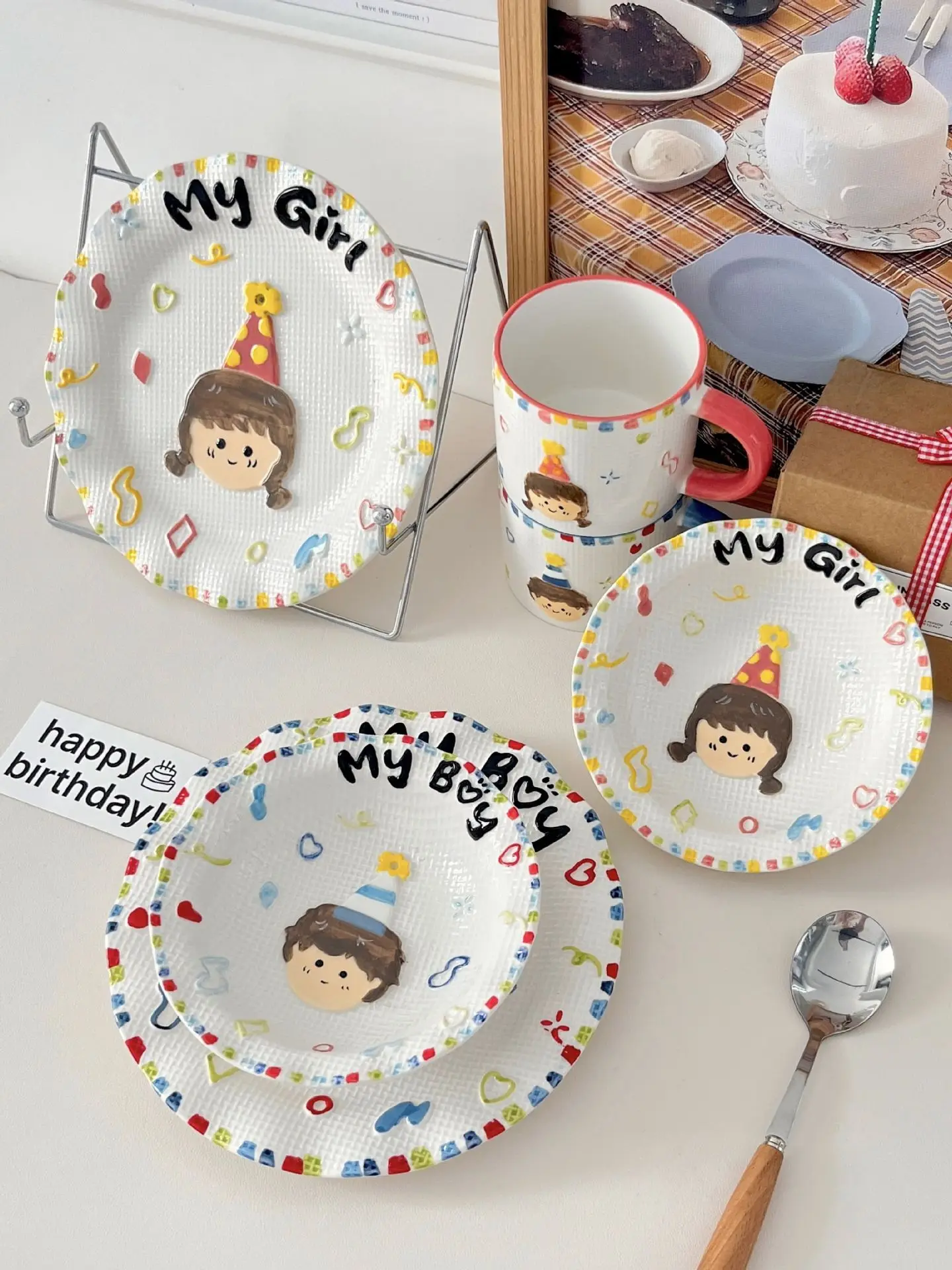 Embossed Creative Ceramic Tableware Cups Plates Birthday Gifts  Boys Girls Hand-painted Cakes Mugs Household Dining Plates Set