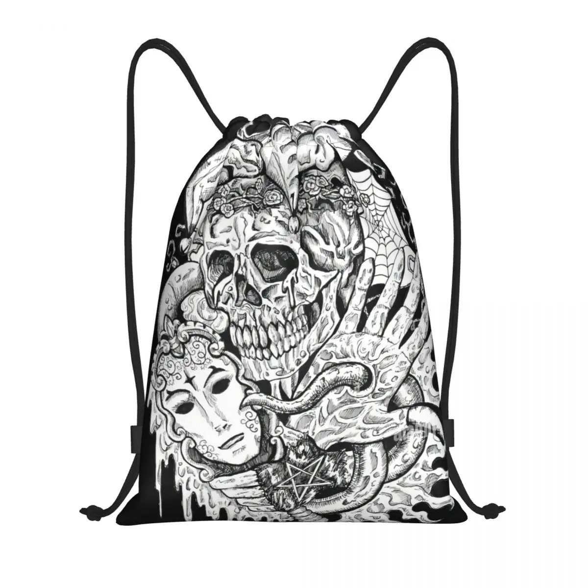 

Black And White Fantasy Joker Skull With Mask And Tentacles Multi-function Portable Drawstring Bags Sports Bag Book Bag