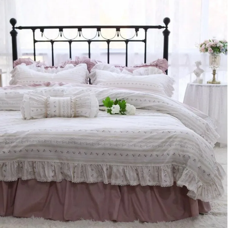 France Style Bedding Set Luxury Purple Princess Bedspread White Printing Egyptian Cotton Lace Duvet Cover Bed Skirt Pillowcases