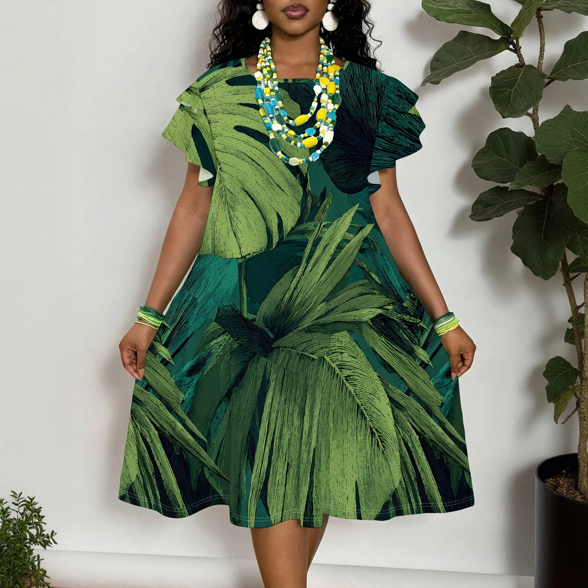 

Tropical Leaf Print Ruffle Short Sleeve Dress for Women, Summer Casual A-Line Midi Dress