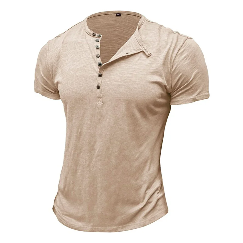 Herren Casual Henley-Shirt aus Baumwolle, Atmungsaktiv, Sommer-Kurzarmshirt, Weicher Stoff, Modisches T-Shirt im Schlichten Stil, Herren-Oberteil – Detail 2