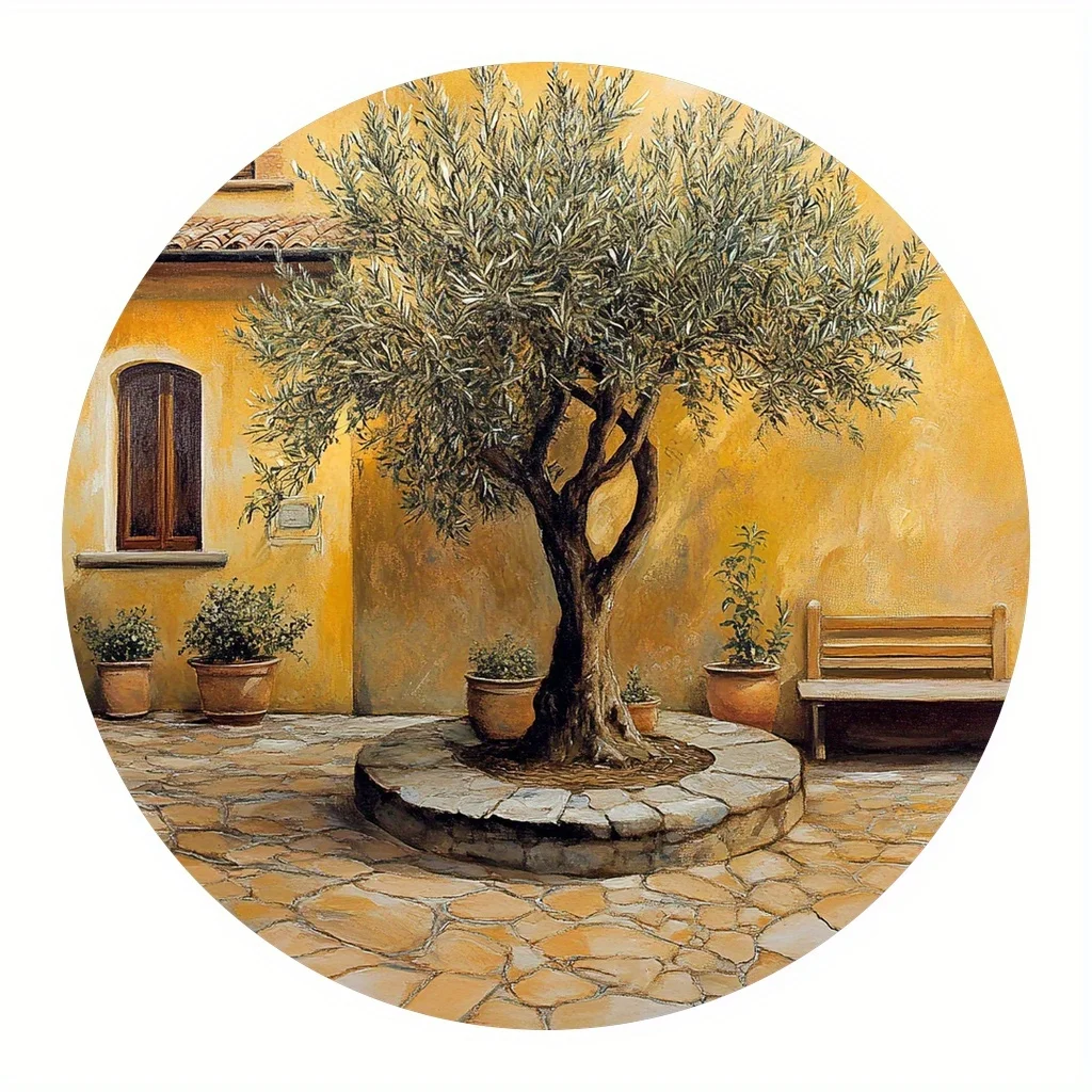 2D Flat, 2D Flat Printing 1pc Metal Iron Sign Room Decor A 1pc Flat Sign Features an Olive Tree in a Traditional Grand Courtyard