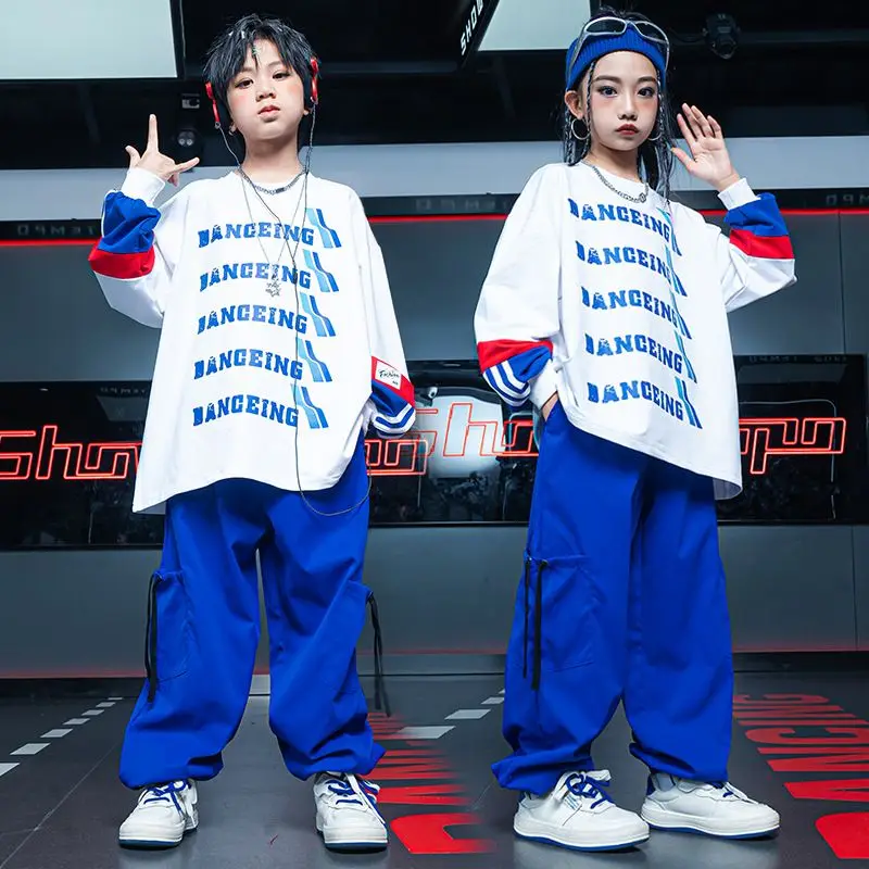 

Kids Hip Hop Clothes Loose White Sweater Blue Pants Boys Sport Casual Clothing Girls Jazz Practice Wear Street Dance Suit