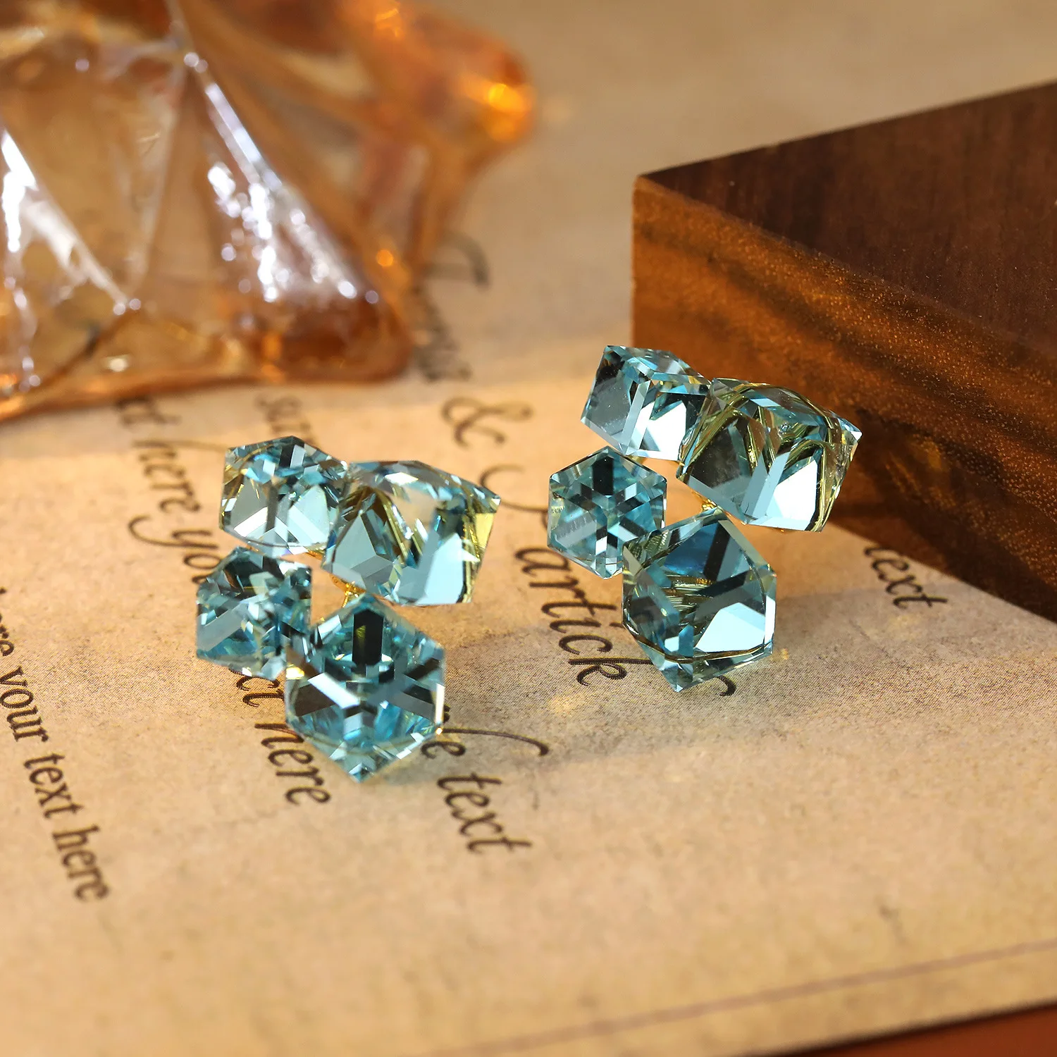 18K gold dream laser crystal geometric square stud earrings luxury temperament sea blue premium earrings
