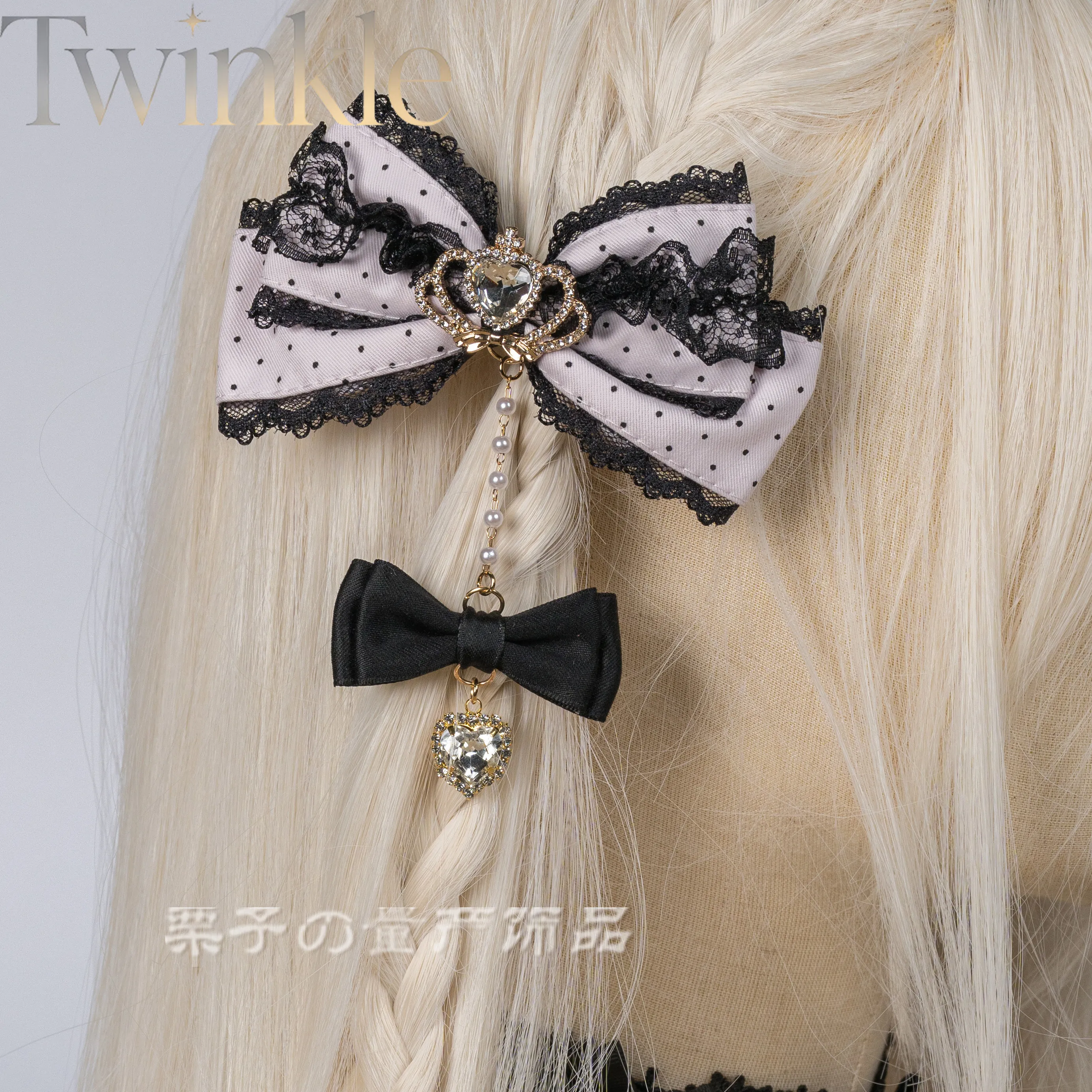 Lolita Hair Clip Set of 2 Women Twin-Tail Bow Tassel Lace-Up Jiraikei Pink Crown Handmade Pair Clips