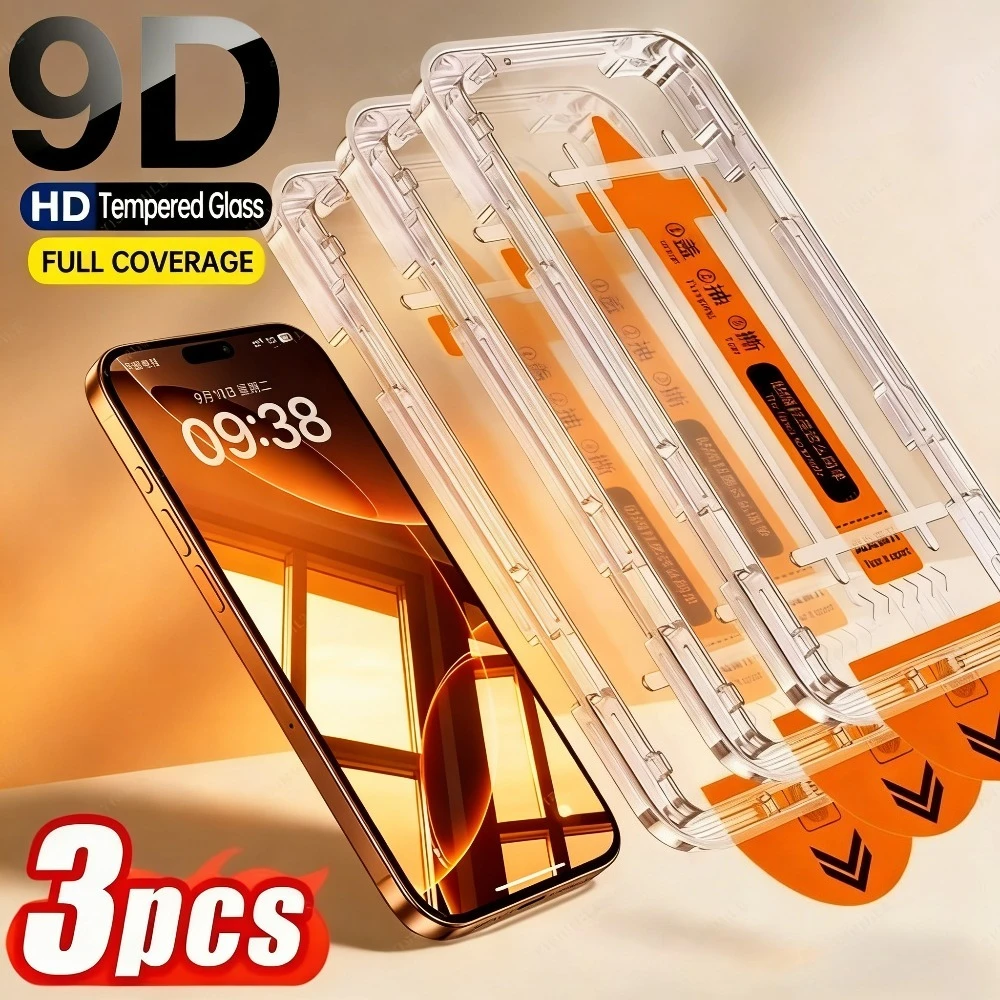 

3Pcs Full Cover Tempered Glass for iPhone 17 16 15 14 Pro Max 17e 16 15 Plus Air 13 12 11 Pro One Click Installation Protector
