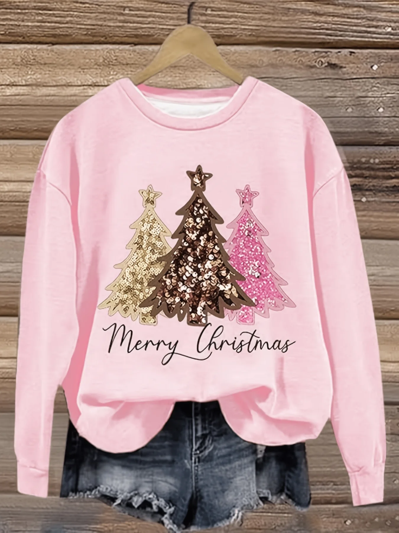 Christmas Women Sweatshirt Glitter Three Christmas Tree Merry Christmas Print Autumn Winter Holiday Party Casual Wear New Year