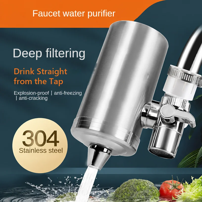 7-Layer 0.1μm Faucet Water Filter Tap Water Purifier Stainless Steel Ceramic Carbon Chlorine Removal Fits 15-25mm Sink Faucets