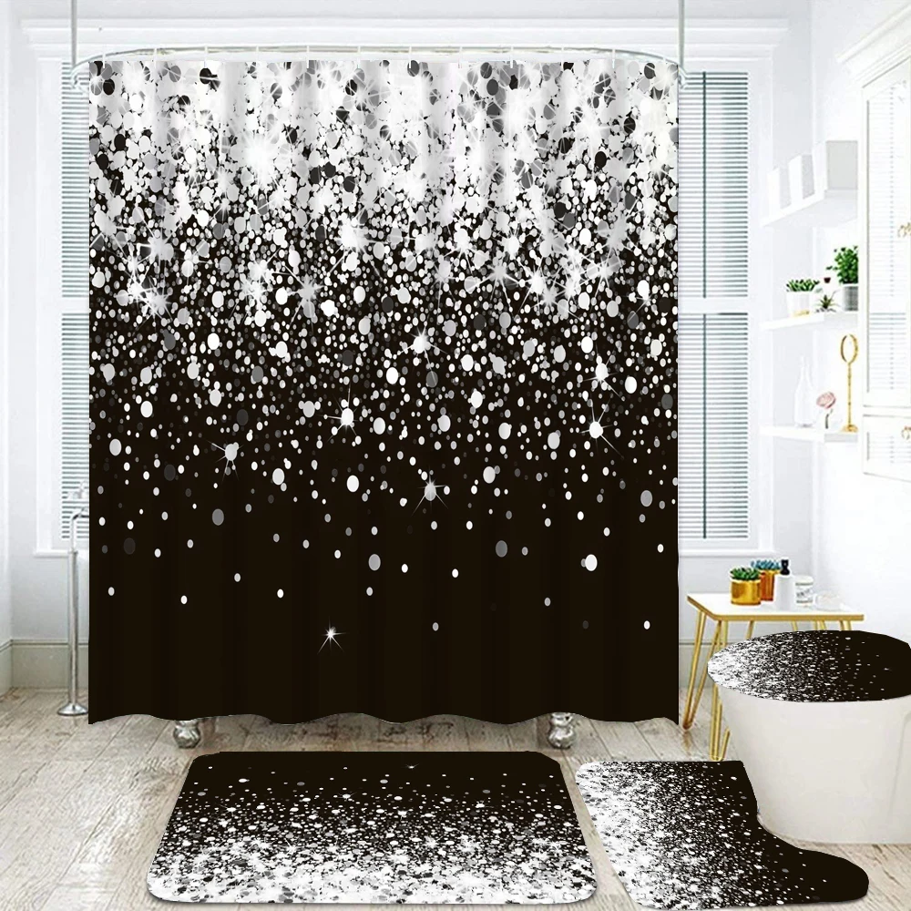 Black Golden Shiny Glitter Printed Shower Curtain Set Modern Fabric Bathroom Curtains and Non-Slip Bath Mat Toilet Cover Decor