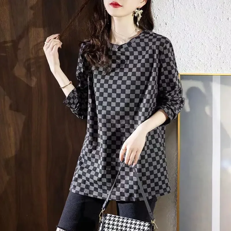 Baggy Sweatshirt for Women Spring and Autumn Woman Tops Round Neck Lattice Pullover Loose Casual Korean Popular Clothes Fashion