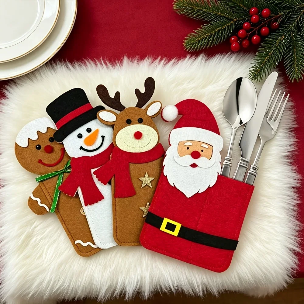 4Pcs Christmas Santa Claus Cutlery Bag, Cartoon Knife Fork Holder Pouch Xmas Table Decorative Tableware Sleeve for Holiday Party