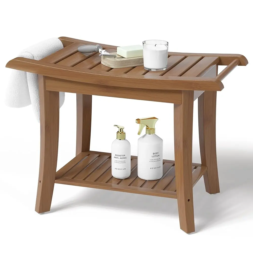 

Bamboo Shower Bench Inside Shower Stool With Space-Efficient Storage Shelf, Shower Bath Chairs Spa Seats For Bathroom - Great