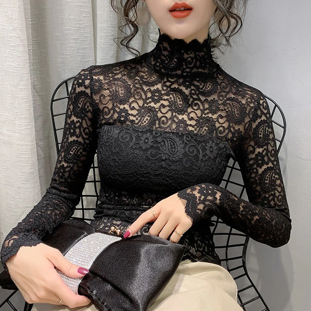 Blouse Women Transparent Lace T Shirt Stretch Turtleneck Petal Sleeve Girl Blusas Mujer De Moda Black White Apricot Shirt Tops