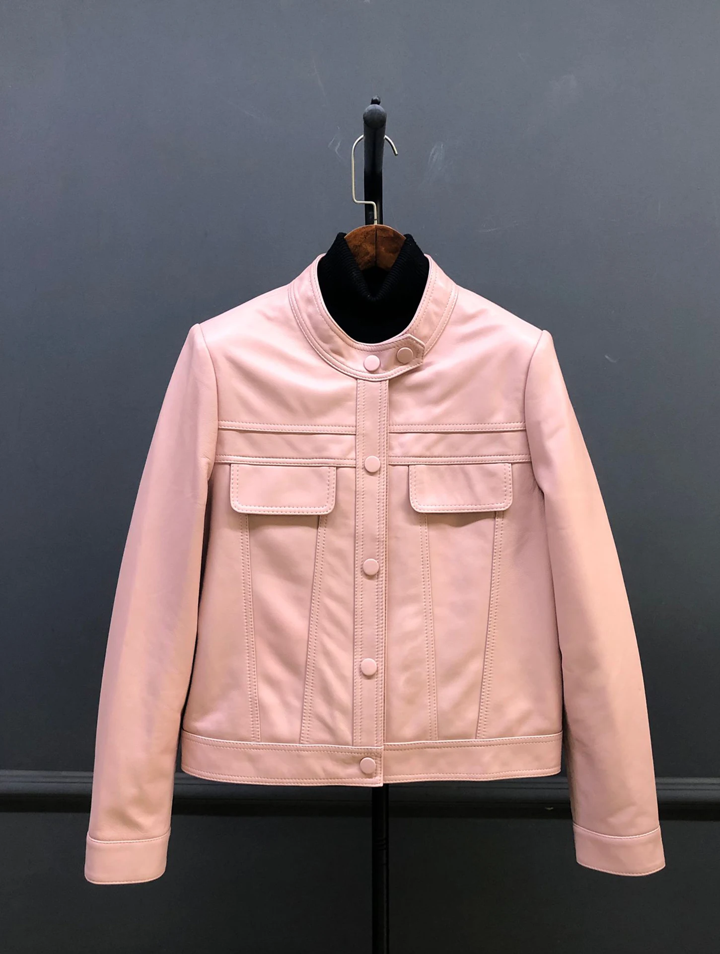 ort Echt leer van eepskin-leer Jaet Casual motorfiets-bovenkleding voor dames, losse afslankende top met opstaande kraag en ritssluiting