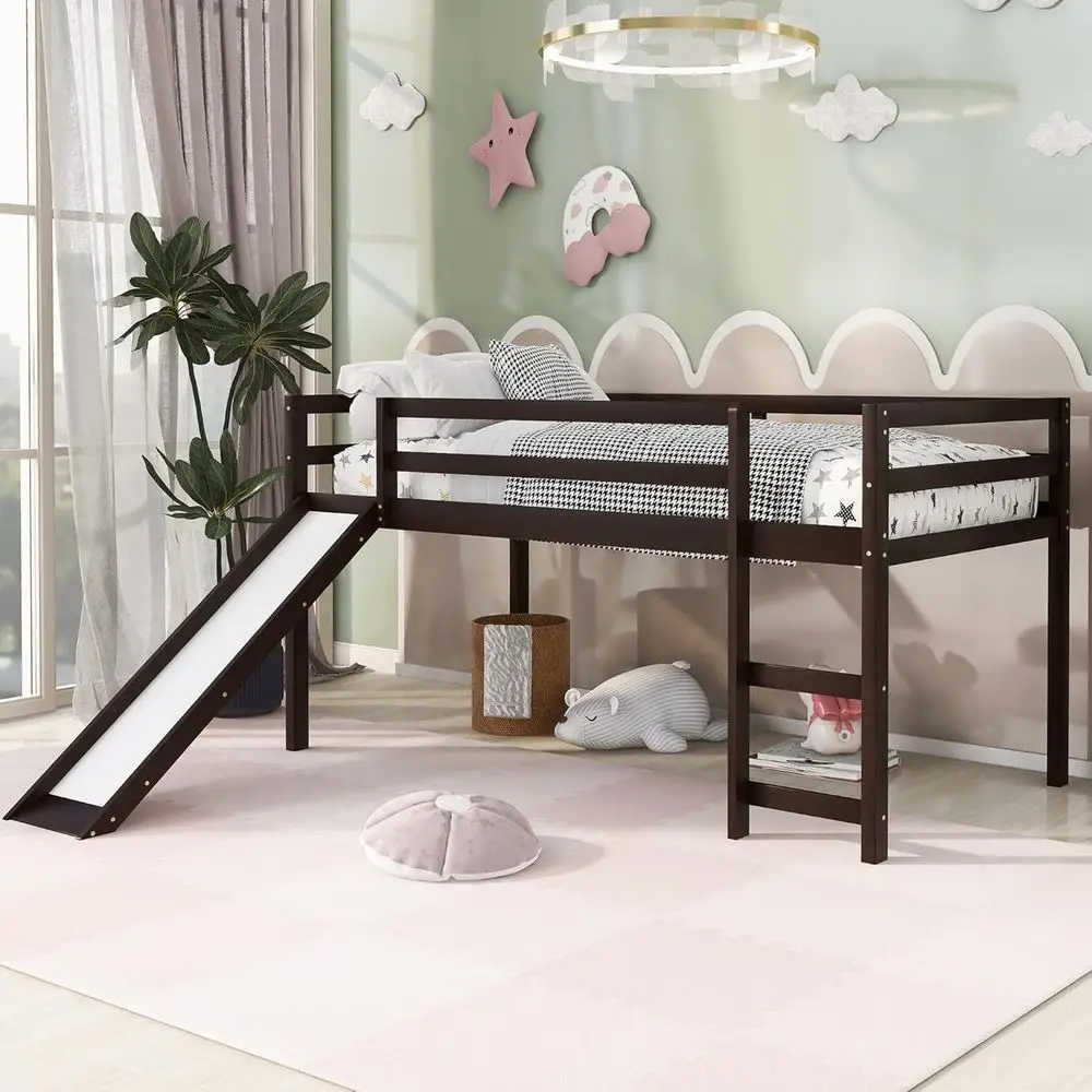 

Twin Size Wooden Bunk Bed with Slide, Safety Rail, and Play Area for Kids