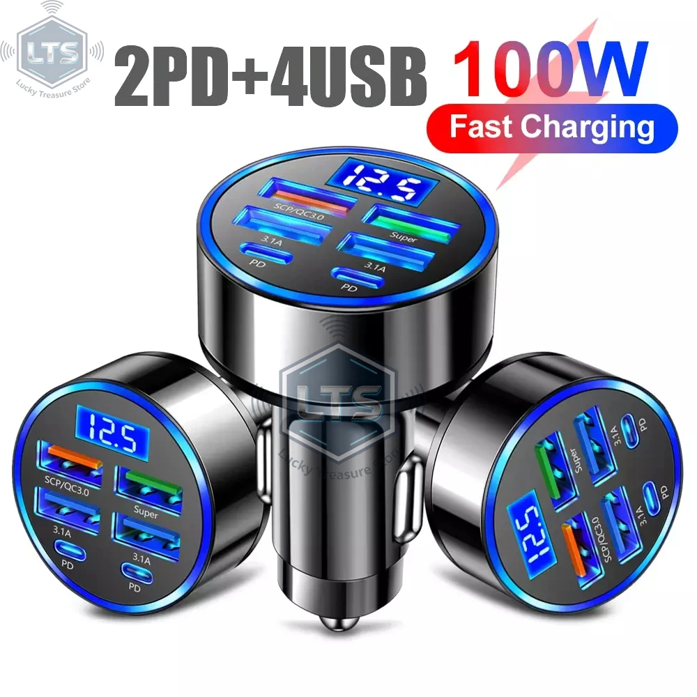 100W 6 Ports Car Charger Fast Charging PD QC3.0 USB C Car Phone Charger Type C Adapter in Car For iPhone Samsung Huawei Xiaomi