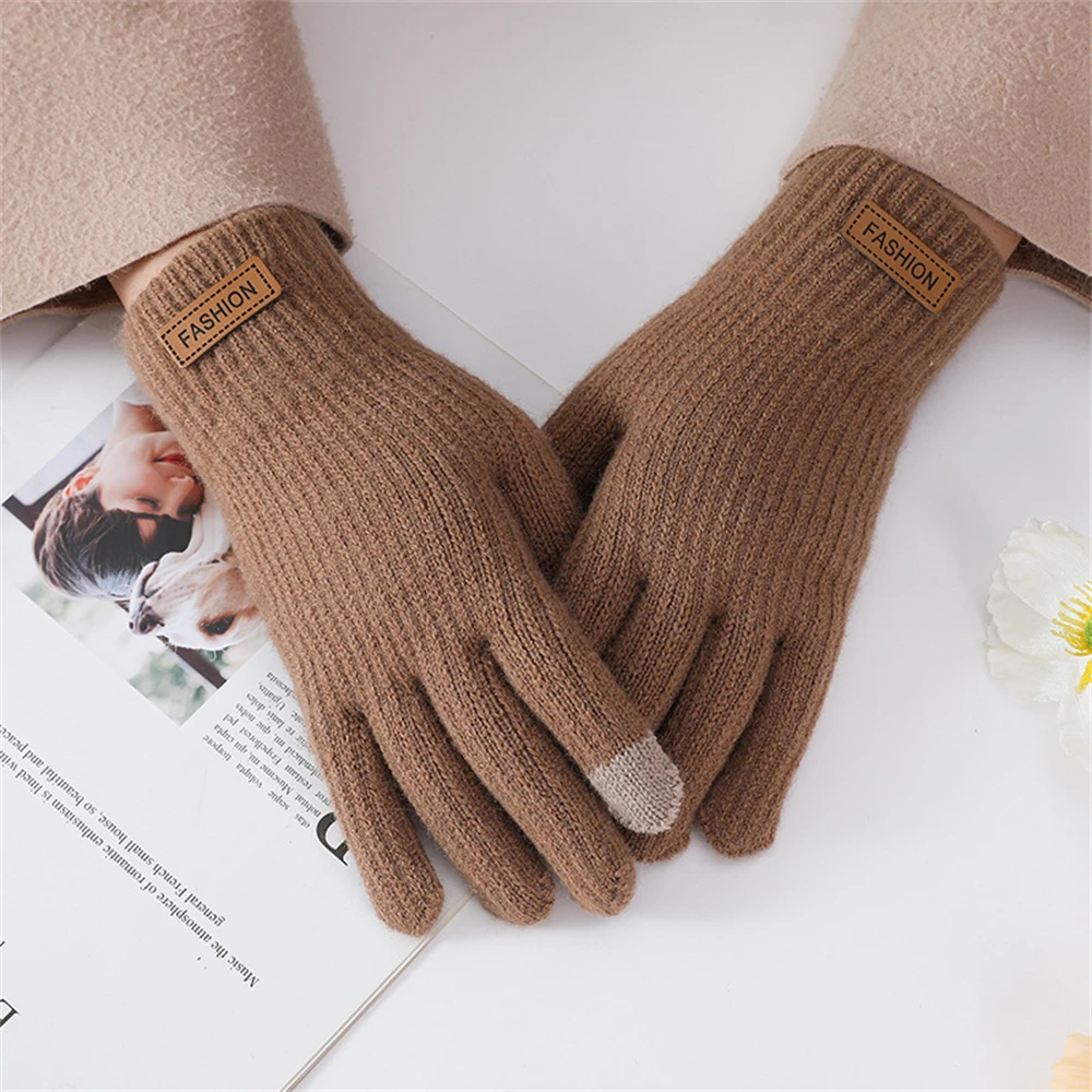 Unisex Outdoor Thickening Knitted Gloves Winter Protection Warm Touch Screen Mittens Simple Fleece Skiing Split Finger Gloves