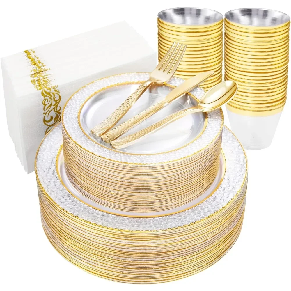 

350PCS Gold Disposable Dinnerware Set, 50 Dinner Plates, Salad Plates, Guests Silverware Set, Cups, 50 Napkins