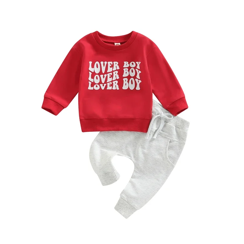 Toddler Boys 2pcs Outfits Valentine s Day Letter Print Long Sleeve Sweatshirt T-shirt and Elastic Casual Pants Suit