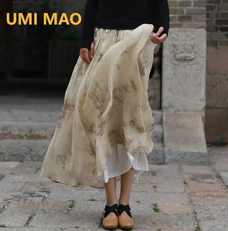 

UMI MAO Юбка женская осенняя винтажная художественная окрашенная в растениях галстук окрашенная в тушью принт универсальная большая распашная юбка Femme Y2k Fashion