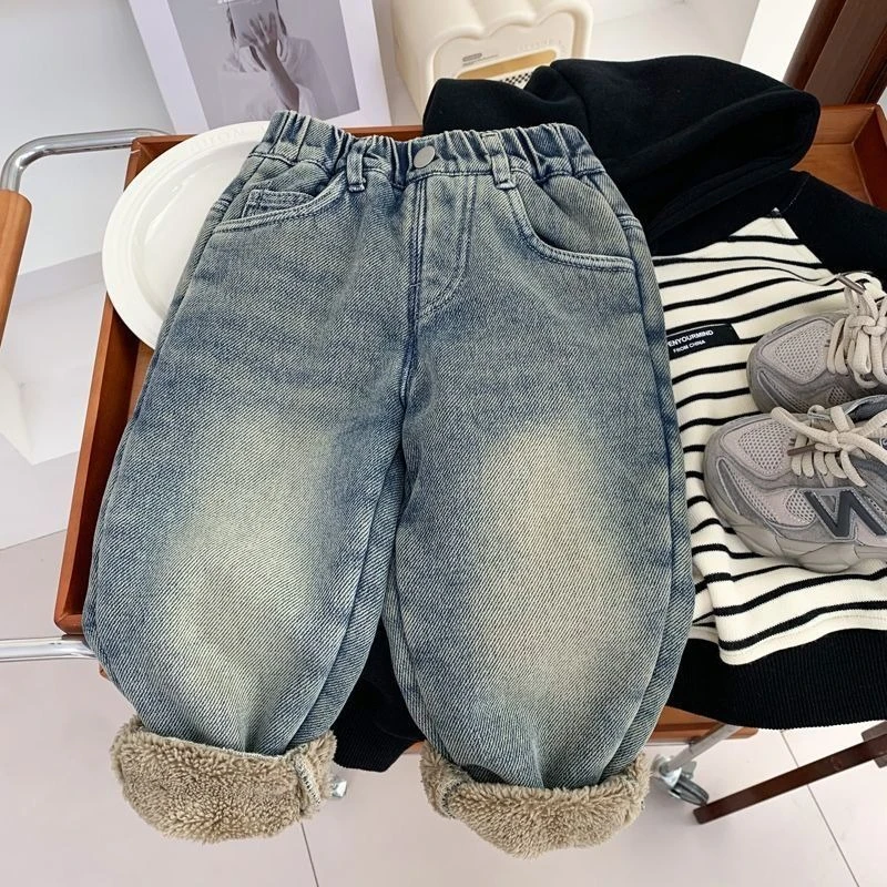 2026 Winter Kids Fleece Lined Jeans Baby Thick Warm Denim Pants Children Casual Trousers