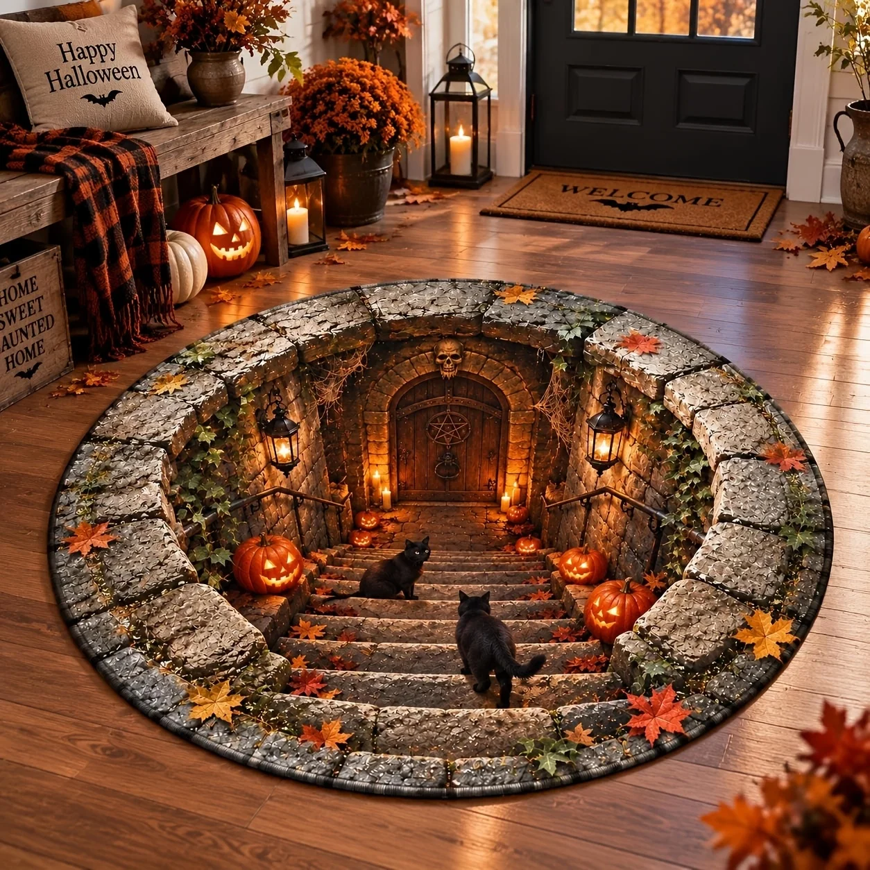 Halloween Stone Staircase Round Area Rug Gothic Castle Door Black Cat Pumpkin Circular Carpet Soft Indoor Floor Mat for Entryway