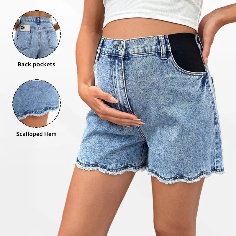 Pregnant Women Casual Denim Shorts Maternity Side Elastic Waist Wavy Frayed Hem Shorts Jeans Summer Pregnancy Clothing