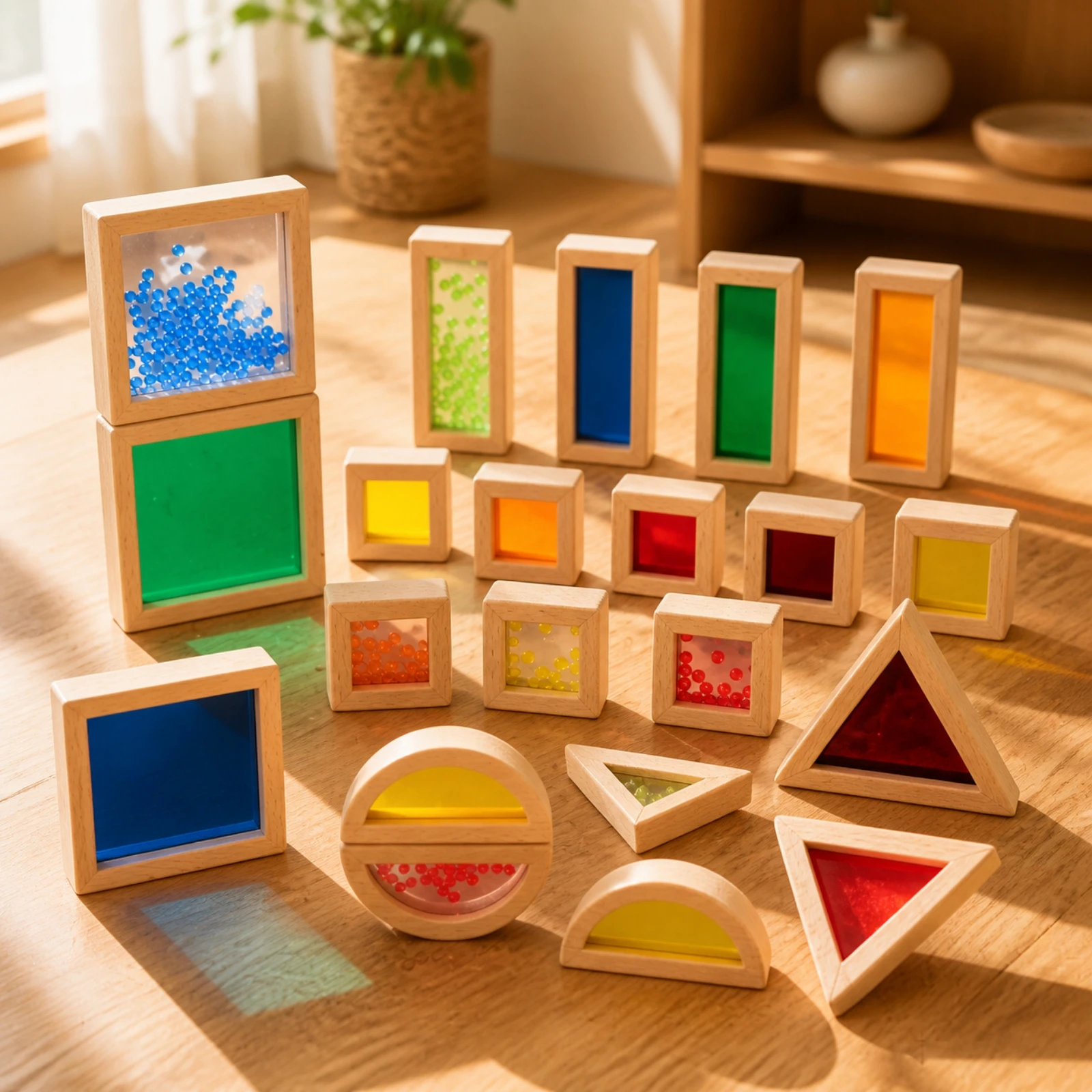 23 Pieces Toy Smooth Wooden Geometric Blocks with Translucent Acrylic Inserts for Children Aged 4 to 6, Playrooms