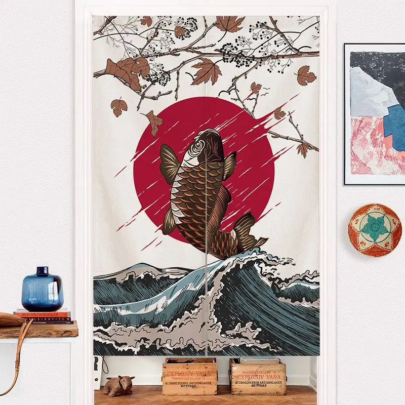 VIKAMA Japanese Ink Koi Wave Half Door Curtain Kitchen Bedroom Tea Room Partition Curtain Home Decoration