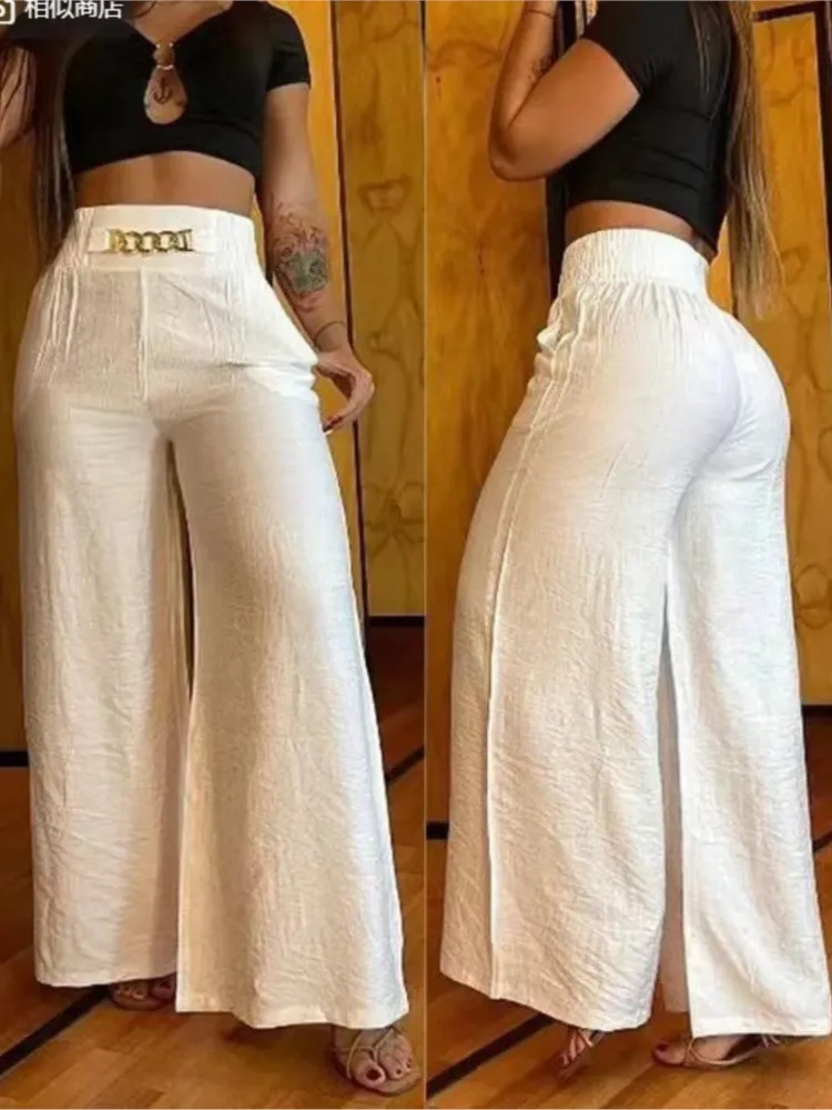 Summer Chain Decor High Waist Wide Leg Pants New Spring Elegant Women Black Casual Pocket Loose Street Trousers Y2k Long Pant