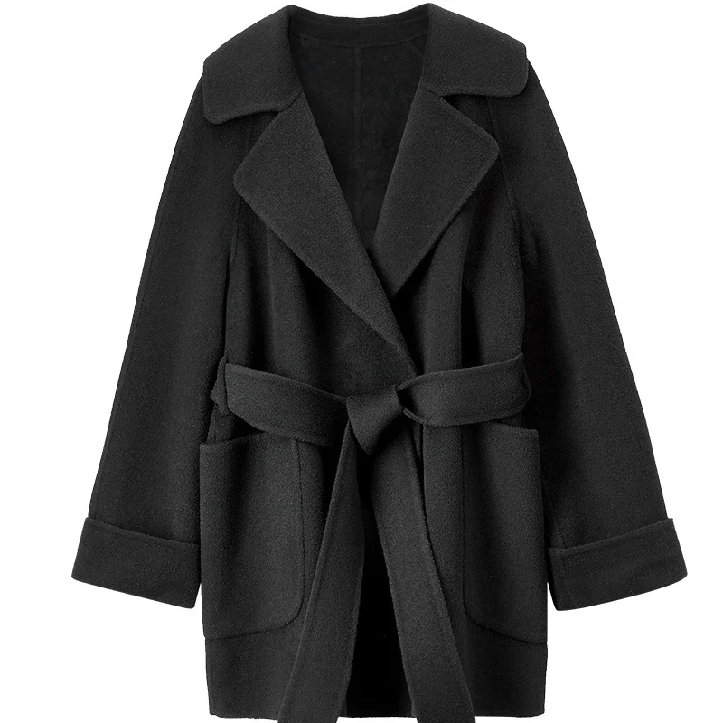 SENTUBILA ผู้หญิงเสื้อขนสัตว์ฤดูหนาว Elegant Turn-Down COLLAR Double-Faced เปิด Overcoat เสื้อเดินทางสําหรับผู้หญิง W24O42199