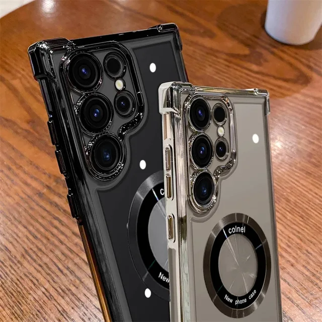 Luksusowe etui Magsafe z galwanizowaną powłoką do Samsung Galaxy S24 Ultra S23 FE S22 Plus S21, odporne na wstrząsy, przezroczyste, z twardym tyłem i bumperem.