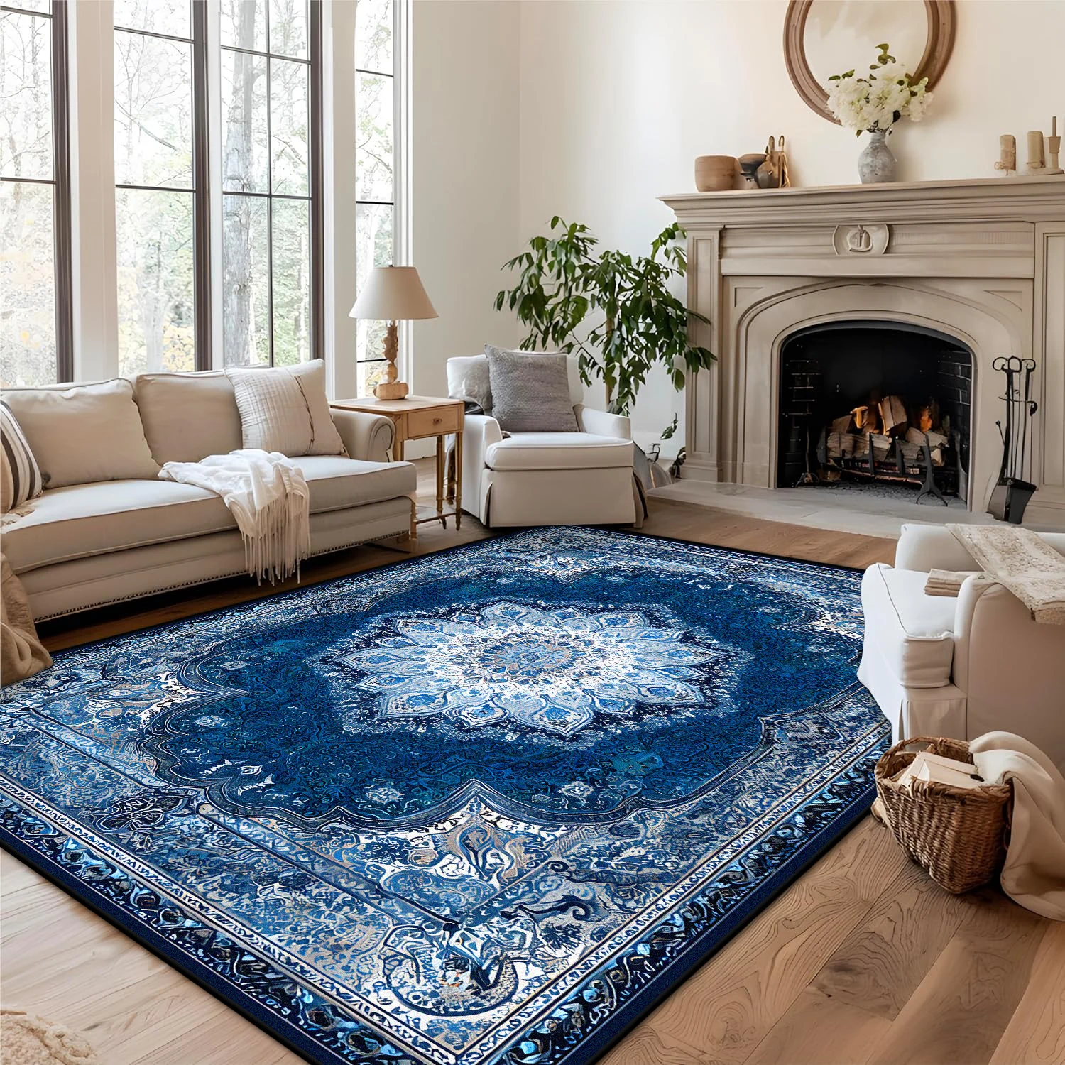 Persian Style Blue Carpet for Living Room Home Decoration Retro Lounge Rug Soft Bedroom Carpet Non-slip Bedside Mats Washable