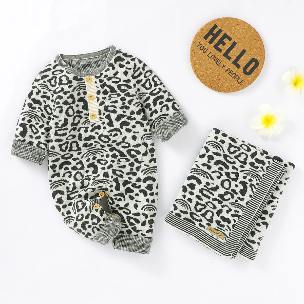 

Cotton Baby Romper Blanket Knit Newborn Girl Boy Long Sleeve Jumpsuit Quilt 100*80CM Infant Clothes Set Fashion Leopard Print 2p