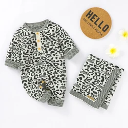 Cotton Baby Romper Blanket Knit Newborn Girl Boy Long Sleeve Jumpsuit Quilt 100*80CM Infant Clothes Set Fashion Leopard Print 2p