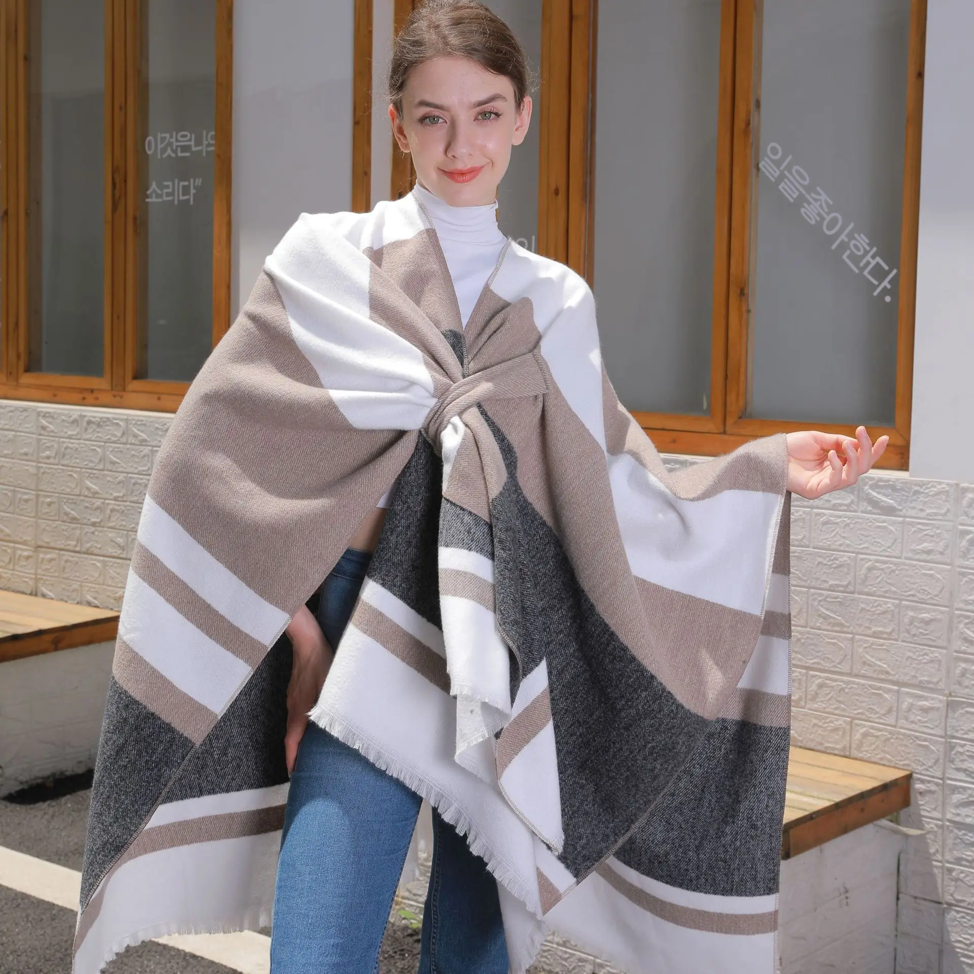 

Women Autumn Faux Cashmere Jacquard Criss-Cross Streetwear Long Poncho Shawl Cape Female Striped Big Pendulum Loose Tassel Cloak