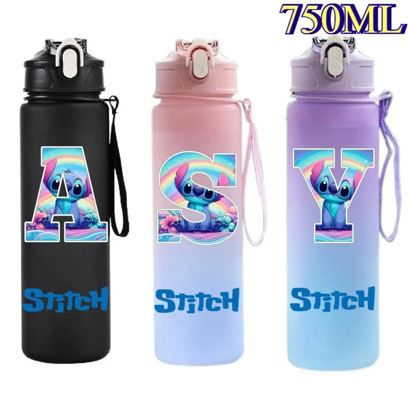 Taza de agua con pajita de 750ML, A-Z Lilo Stitch, botella de bebida para Fitness, hervidor con cuerda portátil, taza de té de viaje, jarras de viaje para oficina