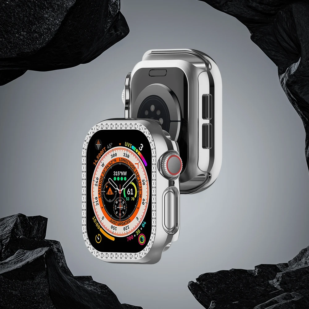 กรอบแท่งกันชนแวววาวเคสโทรศัพท์ติดเพชรสำหรับนาฬิกา Apple ชุดอุปกรณ์10 42มม./46มม.