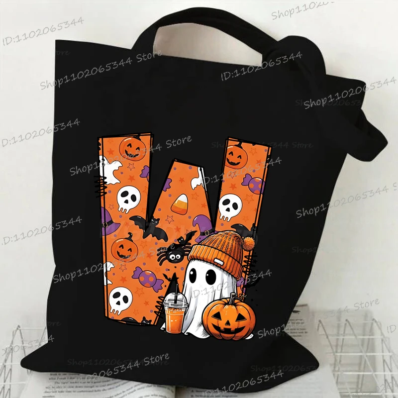 

Funny Halloween Ghost Alphabet Print Canvas Tote Bag Shoulder Bag for Women & Men Large Capacity Harajuku Shopping Handbag Gifts