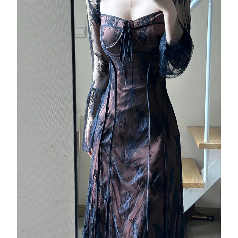 Robe française Vintage à manches évasées pour femmes, col carré, maille, Sexy, transparente, Slim, dentelle, Jacquard, robes de soirée