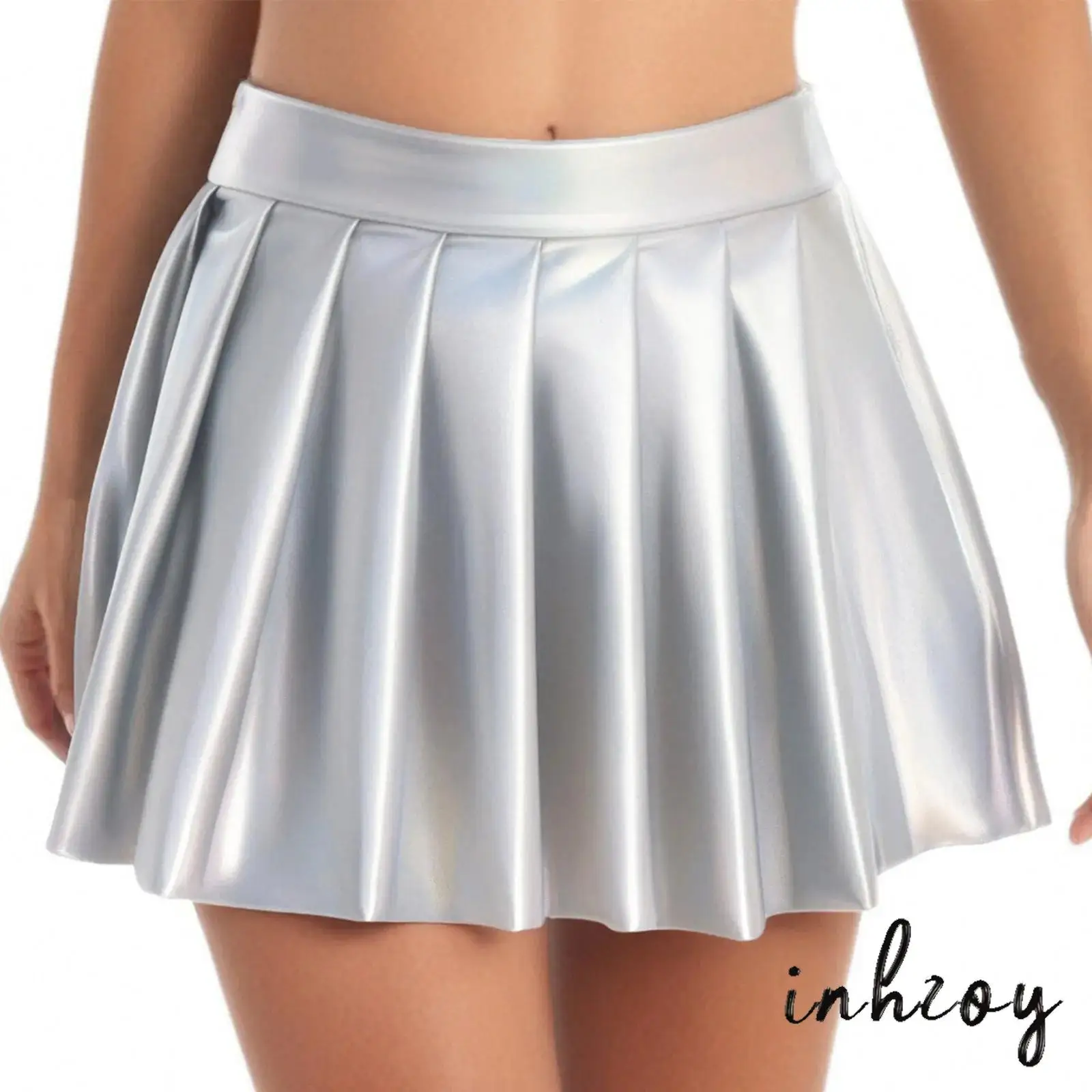 

Womens Erotic Metallic Shiny Pleated Mini Skirt High Waist Side Zipper Ruched A-line Skirt for Bar Disco Dance Club Raves Party
