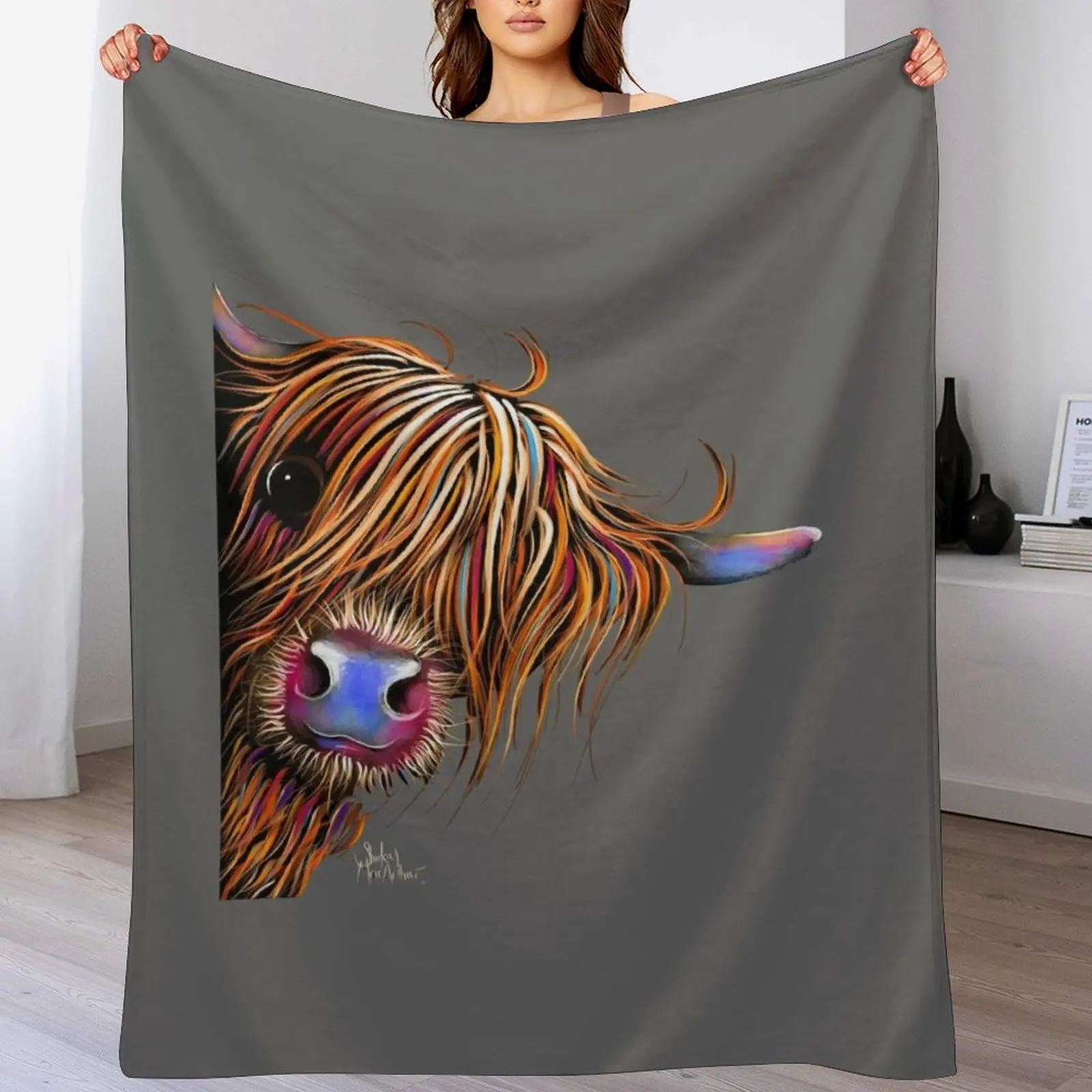 HiGHLaND CoW PRiNT SCoTTiSH ' SuGaR LuMP oN GReY ‘ BY SHiRLeY MacARTHuR Throw Blanket Plaid on the sofa Bed Fashionable Blankets