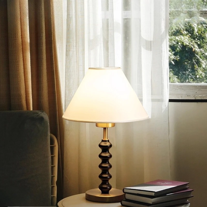 

French Iron Base Wooden LED Table Lamps White Fabric Lampshade Retro Living Room Bedroom Office Study Desk Light Home Decoration