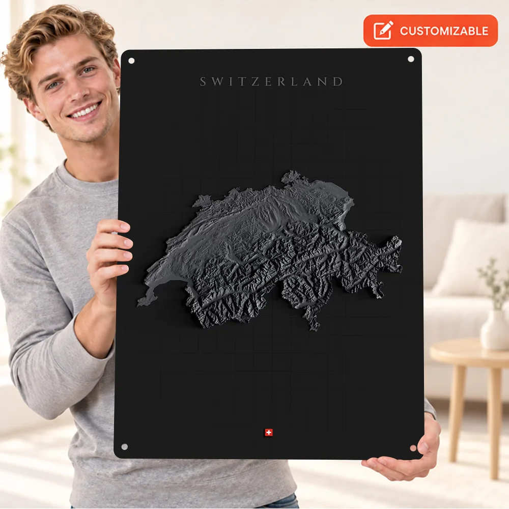 Switzerland Terrain Map Textured Metal Poster Customized Aluminum Sign Dark Relief Effect Wall Art For Travel Agency Reception
