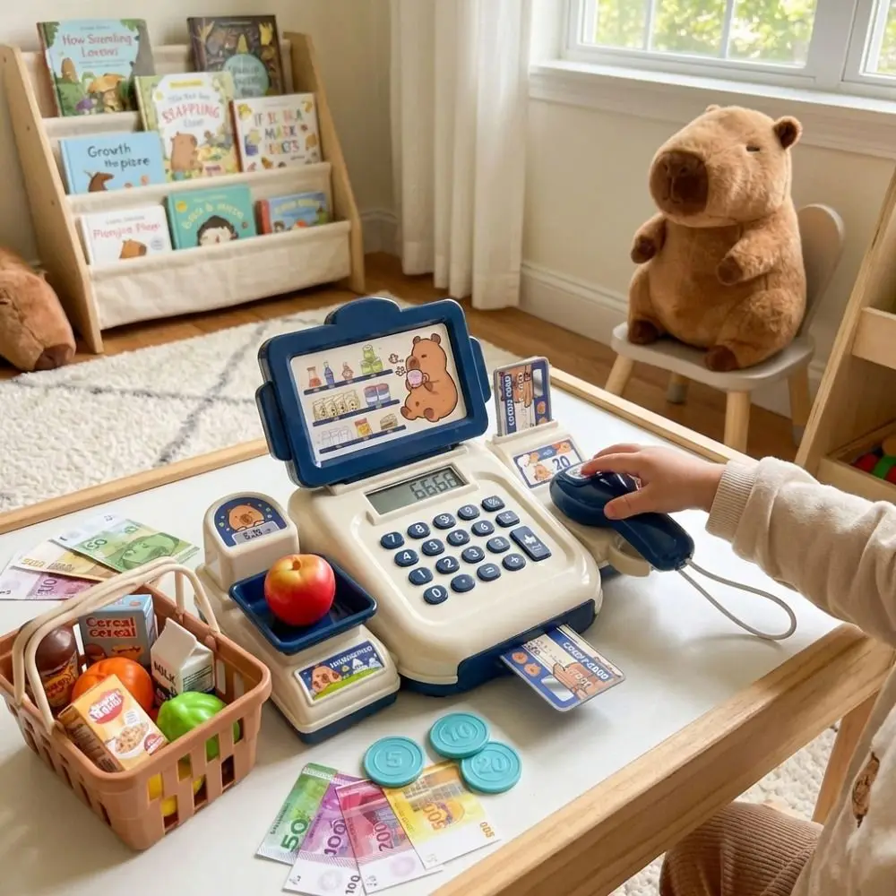 Capybara Kids Cash Register Toys Play Money Credit Card Scanner Simulation Cash Register DIY Pretend Play