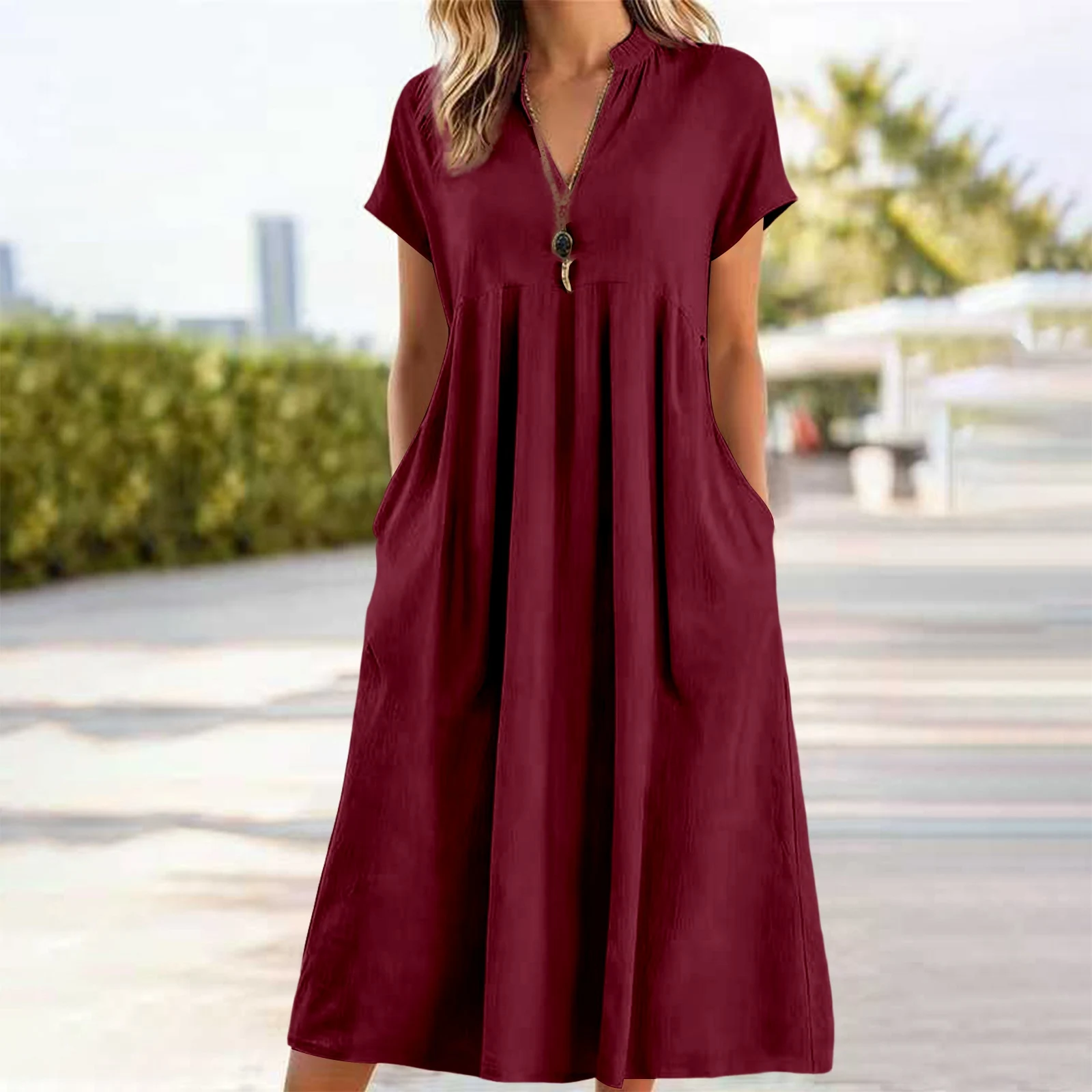 Women Cotton Linen Midi Dress Loose V Neck Short Sleeve A Line Solid ...