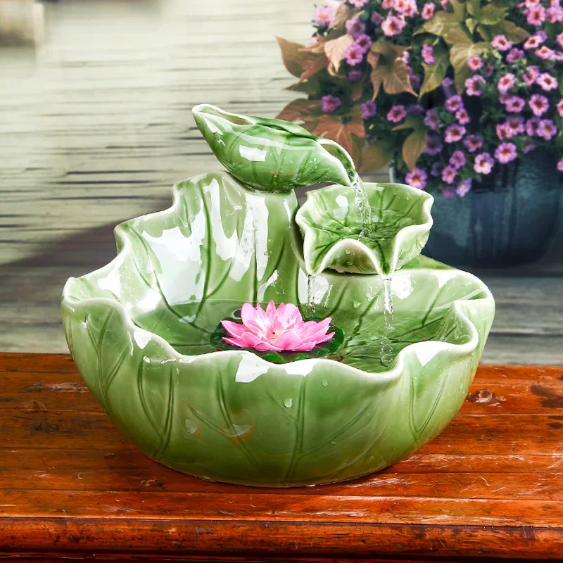 Chinese ceramic running water fountain ornament, living room feng shui wheel ball lucky fish tank water feature humidifier
