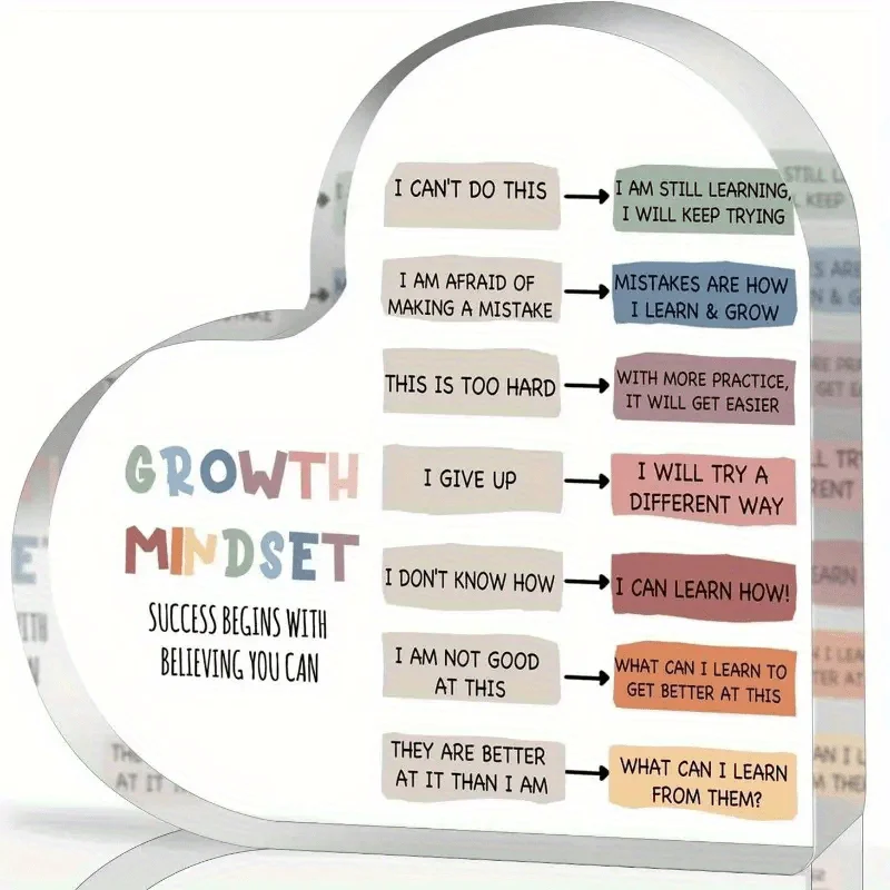 Success Begins With Believing You Can Heart Acrylic Stand, Mindset Switch Phrases Inspirational Table Ornament