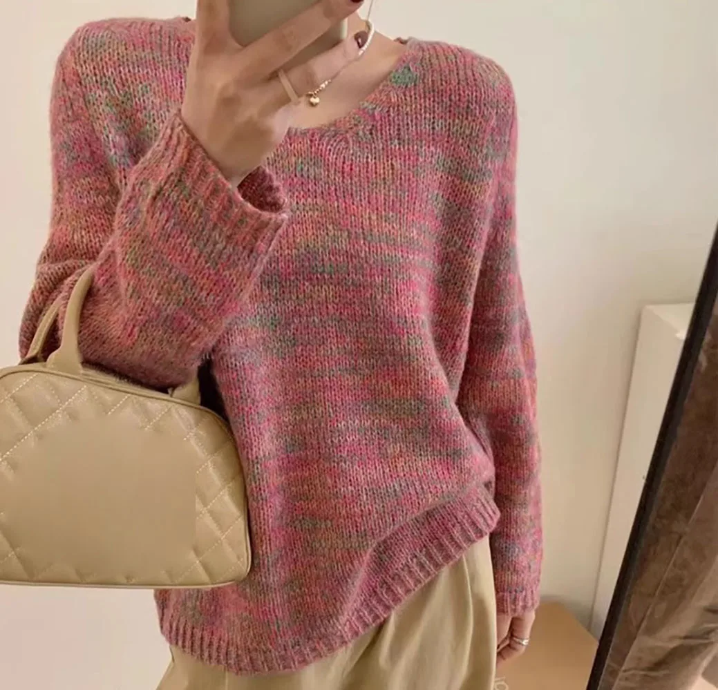 Lazy Chunky Knitted Sweater for Women, Round Neck, Colorful, Stylish, Autumn/Winter Trend