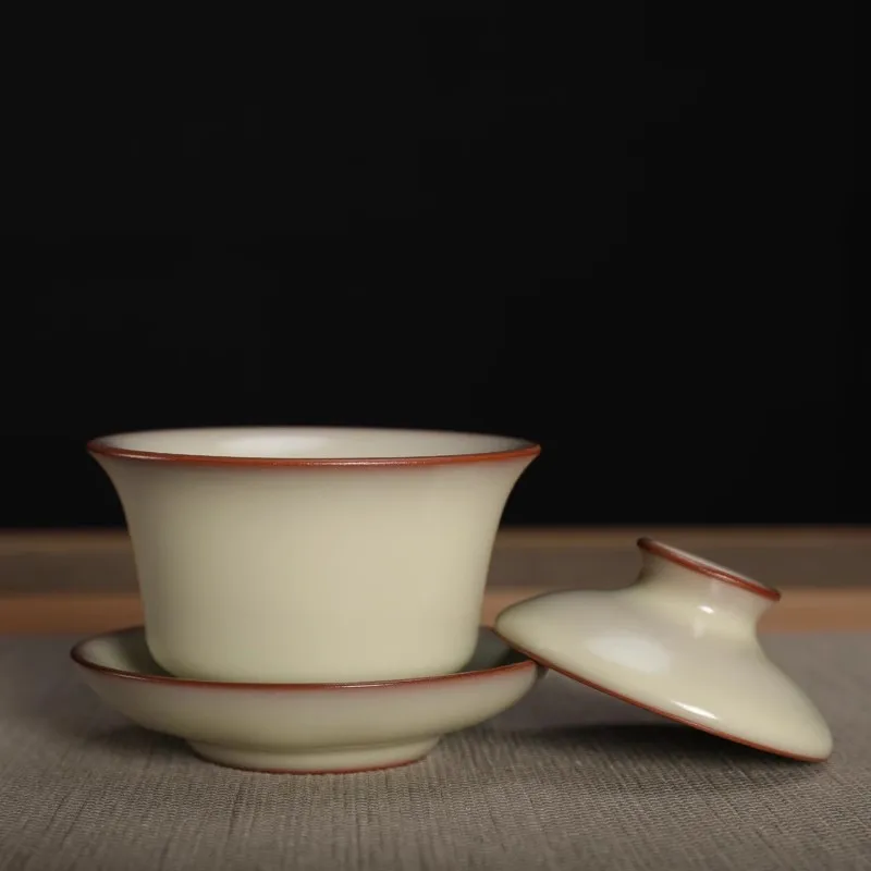 Ge Kiln Celadon Jin Lian Handcrafted Lard Jelly Covered Bowl Beige Glaze Crack-free Ceramic Gongfu Tea Set Large Tureen